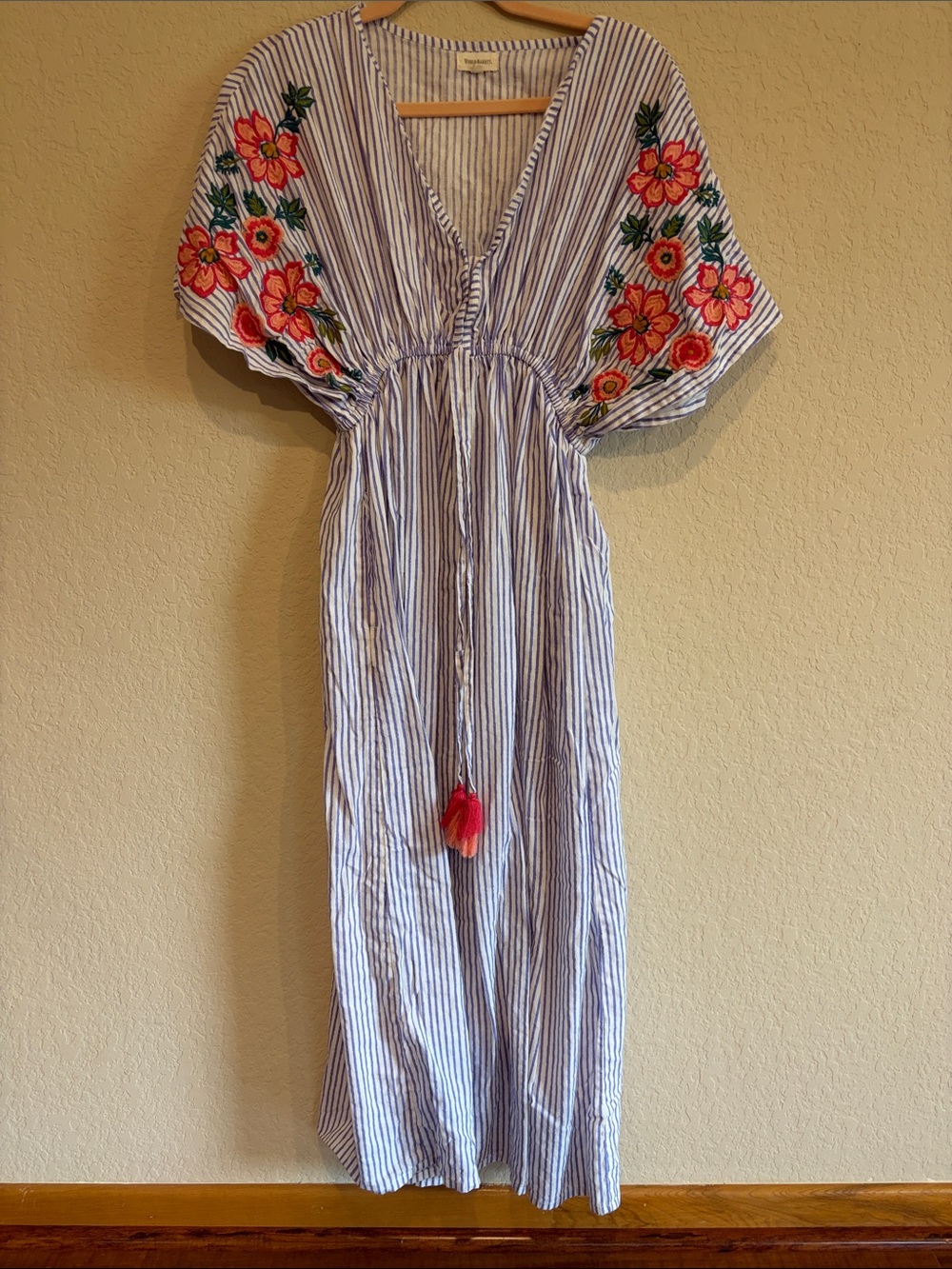 Blue & White Striped Maxi Dress with Floral Embroidery